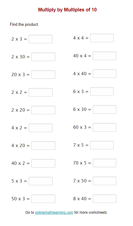 Multiplying by Ten Worksheet for Third Grade Math Practice A third grade student working on a math worksheet about multiplying by ten