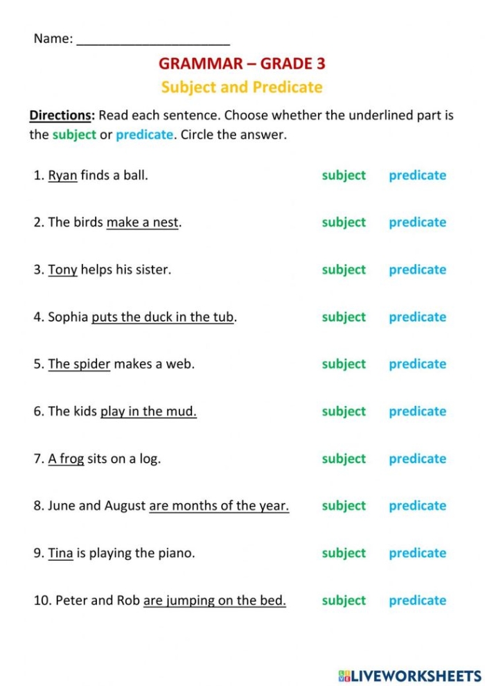 Subject and Predicate Worksheet 11 for Third Grade Grammar Practice Third grade student completing a subject and predicate worksheet activity