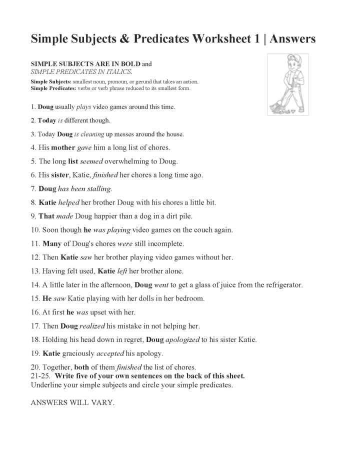 Subject and Predicate Worksheet for mixed operations practice in 3rd grade Worksheet for identifying subjects and predicates in sentences for third graders