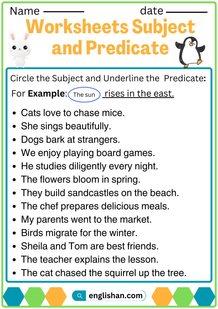 Subject and Predicate Worksheet 19 for Third Grade Grammar Practice Third grade student completing a subject and predicate identification exercise