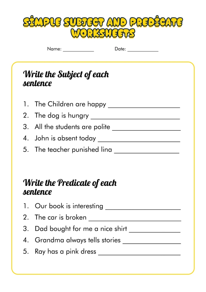 Engaging worksheet designed to help children understand subjects and predicates in text Subject and predicate worksheet for third graders focusing on identifying subjects and predicates in sentences