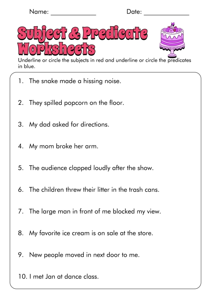 Subject and Predicate Worksheet for Grade 3 Practice 12 Third grade worksheet for identifying subjects and predicates in sentences