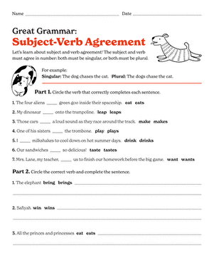 Third grade worksheet featuring exercises for identifying and matching verbs to their subjects