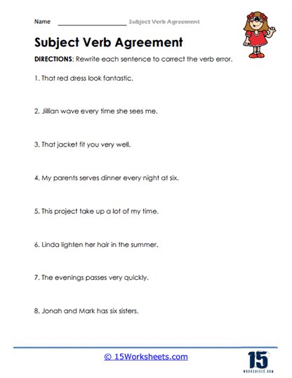 Third grade grammar worksheet showing subject-verb agreement practice exercises with sentences to complete