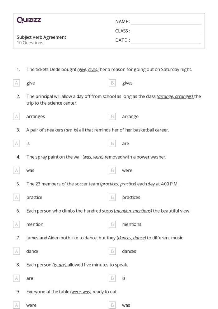 Third grade grammar worksheet featuring subject-verb agreement exercises for students