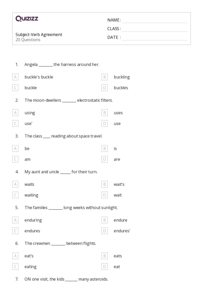 Third grade students practice subject-verb agreement by selecting the correct verbs to complete sentences in this educational worksheet