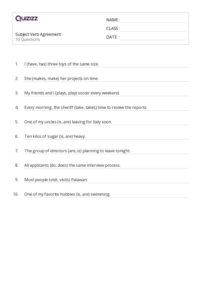Third grade grammar worksheet showing subject-verb agreement practice exercises with sentences for students to complete