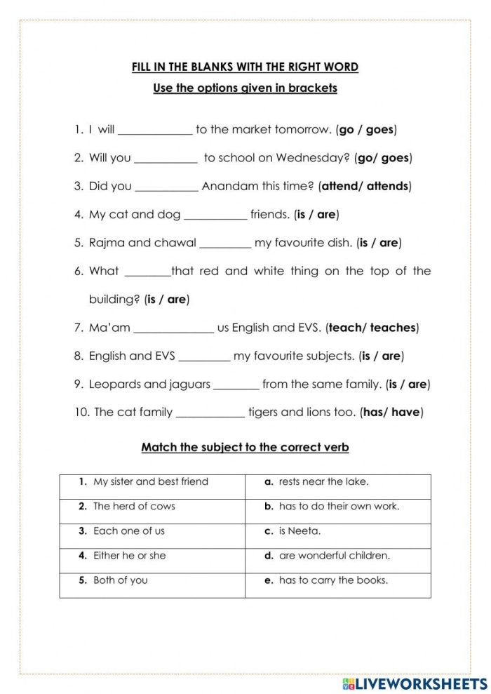 Third grade grammar worksheet showing subject-verb agreement practice with sentences for students to complete by selecting matching verbs
