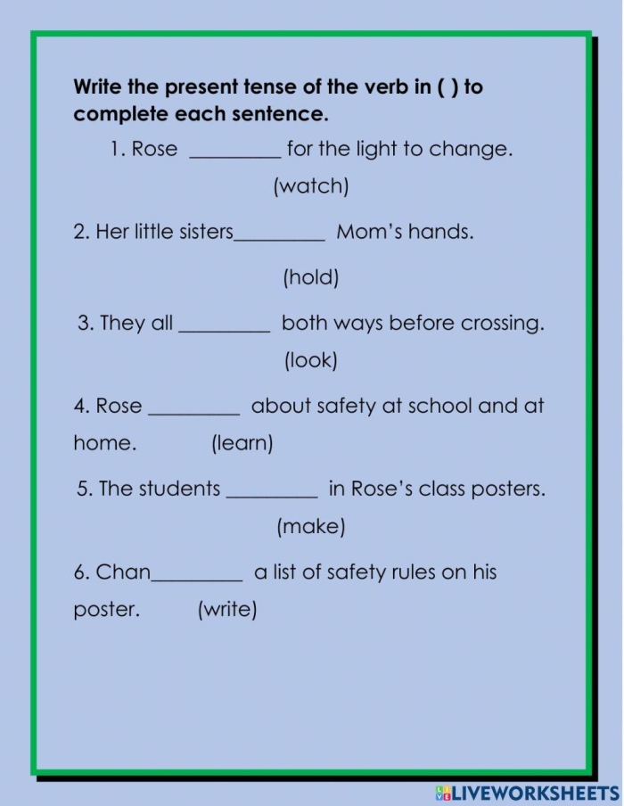 Third grade grammar worksheet showing subject-verb agreement practice with sentences to complete using matching verbs