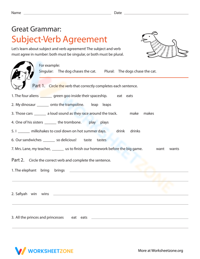 Third grade grammar worksheet focusing on subject-verb agreement for division 23
