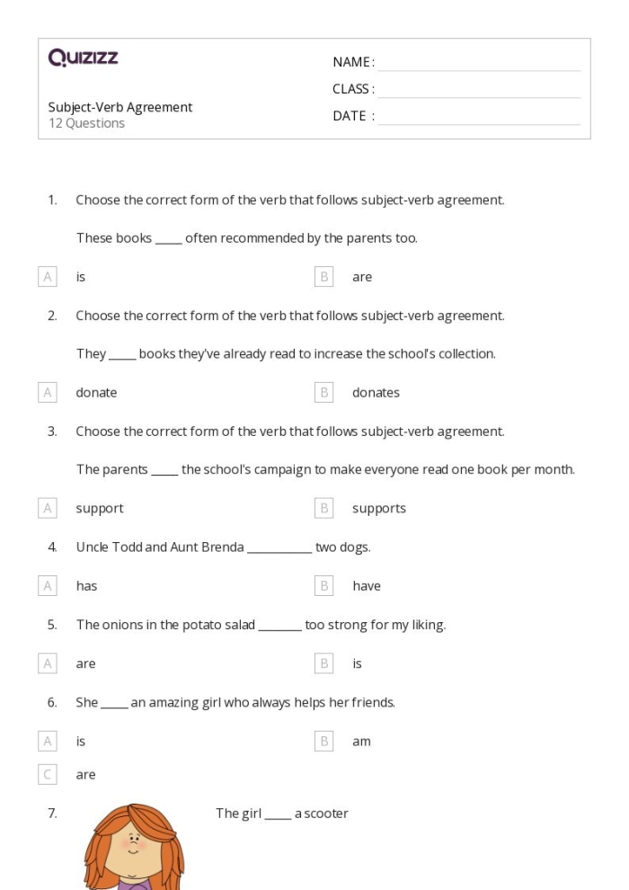 Third grade worksheet featuring subject-verb agreement exercises for division level twelve