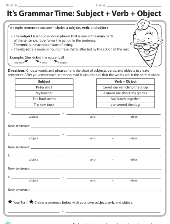 Worksheet illustrating subjects, verbs, and objects for third graders learning sentence structure.