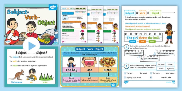 Worksheet featuring third graders learning about subjects, verbs, and objects in sentence construction