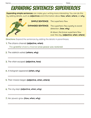 Expanding Sentences worksheet example 16 showing complex sentence building exercises for elementary learners Third grade students practice expanding simple sentences with subordinating conjunctions on this grammar worksheet activity