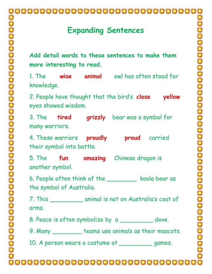 Expanding Sentences activity page seven with examples of adding dependent clauses to simple sentences Third grade worksheet showing sentence expansion exercises with subordinating conjunctions for building complex sentences