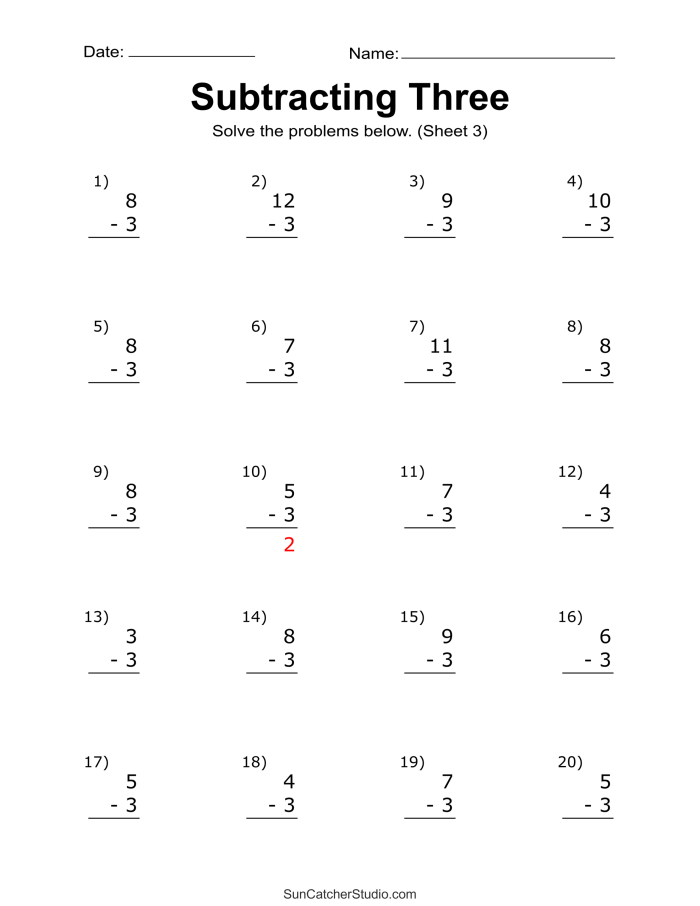 2-Minute Subtraction Speed Drill Exercise 21 for Elementary Math Practice Third grade students solving timed subtraction problems on a two minute math drill worksheet