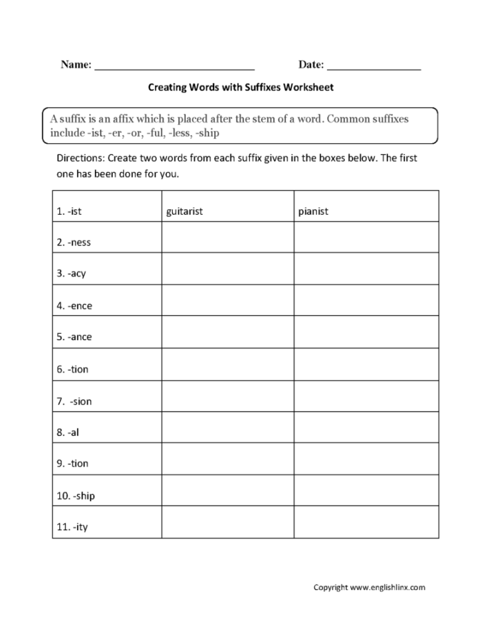 Third grade reading worksheet focused on practicing and identifying word suffixes