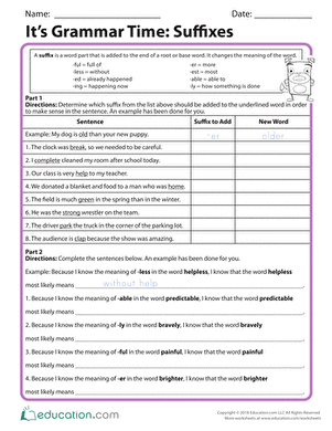 Suffixes worksheet for third graders focusing on grammar skills and vocabulary building