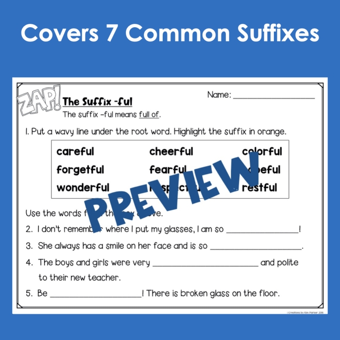 Third grade student completing a Serious about Suffixes reading worksheet