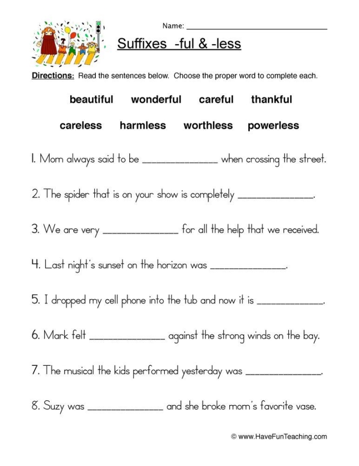 Third grade student completing a Serious about Suffixes reading worksheet