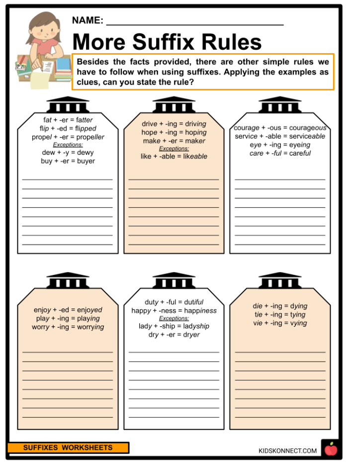 Suffixes worksheet for third graders focusing on vocabulary expansion through suffix meanings