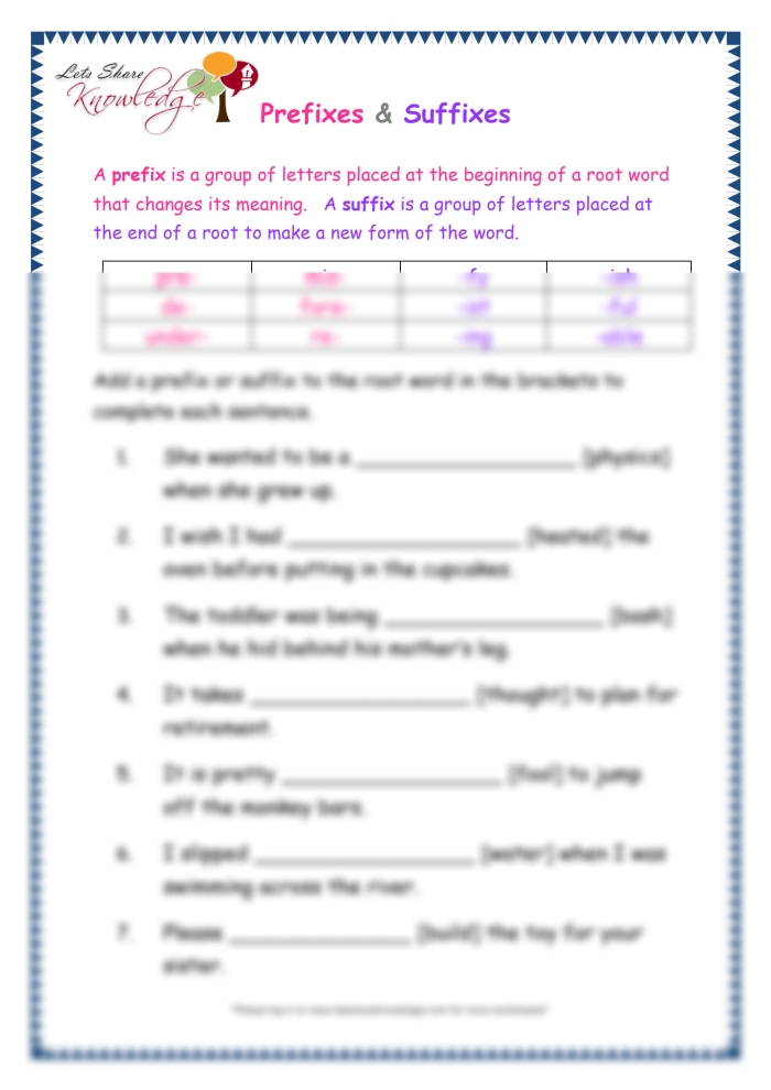Worksheet showcasing suffixes for third graders to enhance vocabulary skills