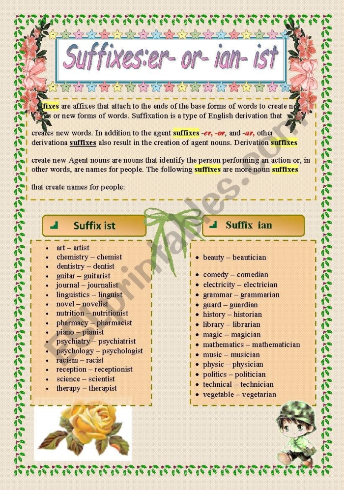 Worksheet focused on suffixes to enhance third graders' vocabulary skills