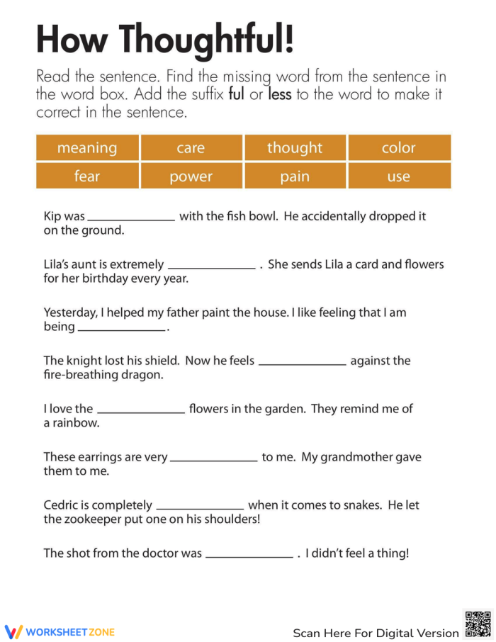 Kids engaged in a suffixes worksheet focused on adding -ful or -less to complete sentences. Third-grade students practicing reading and writing skills with the "Suffixes: How Thoughtful!" worksheet.