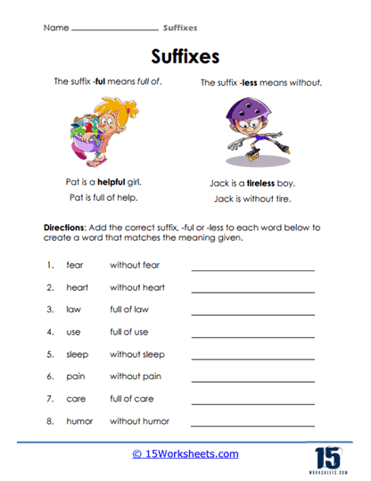 Worksheet featuring suffix exercises for third graders
