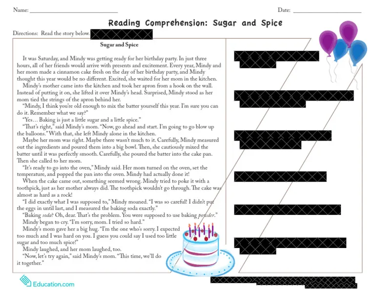 Third grade reading comprehension worksheet featuring a story about Mindy and her birthday cake