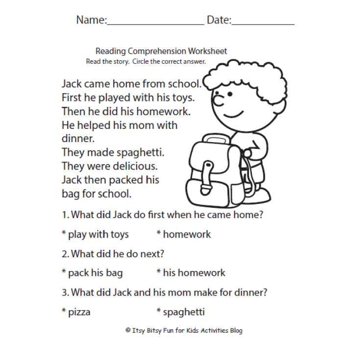 Third grade reading comprehension worksheet about Mindy and her birthday cake