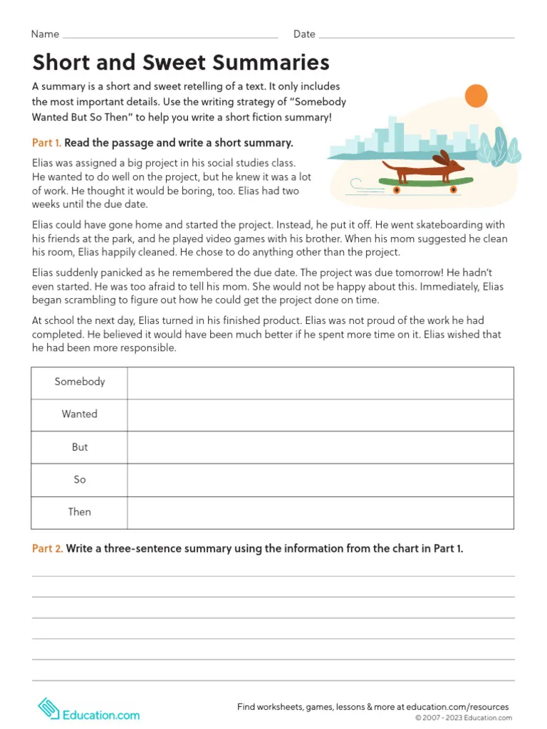 Third grade student completing a Somebody Wanted But So Then summary worksheet