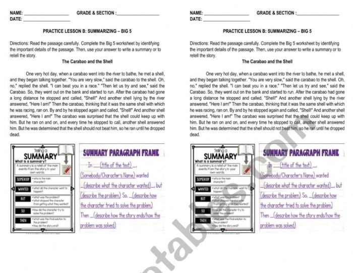 Summary High Five Reading Strategy for Elementary Students A third grade student learning the five-word summary mnemonic device with colorful visual examples for fiction stories