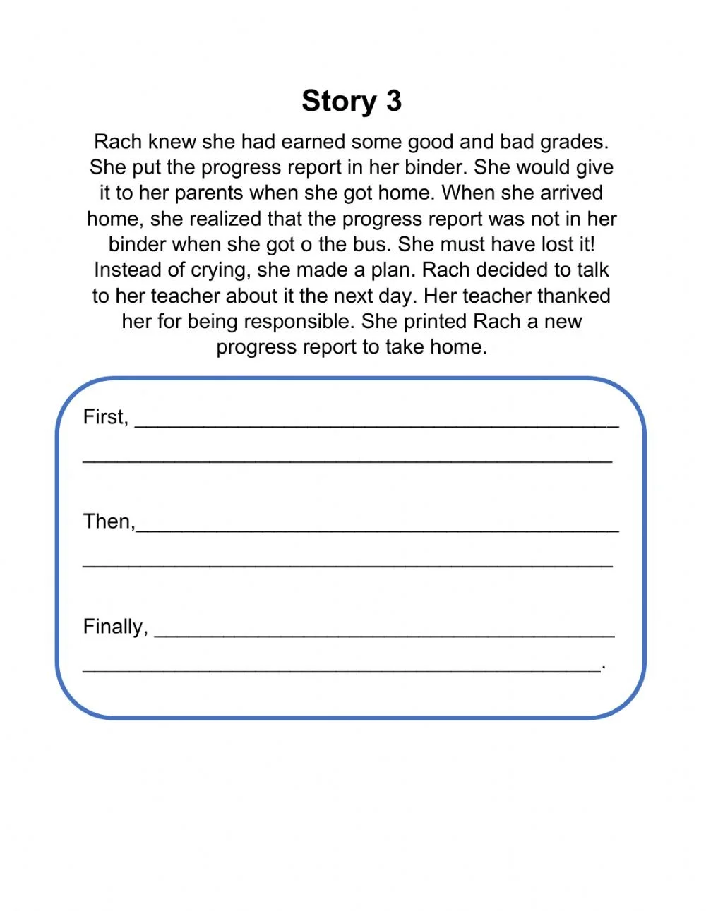 Short and Sweet Summaries worksheet showing the "Somebody Wanted But So Then" method for third graders