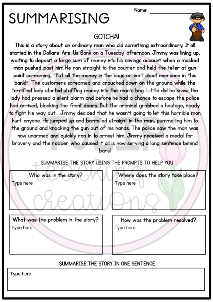 Third grade student working on a simple summary worksheet with keyword prompts