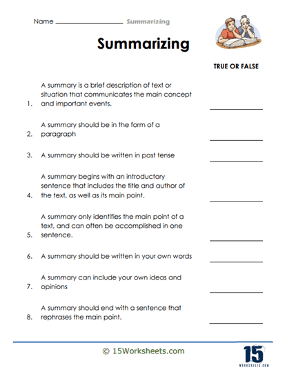 Third grade students learning to write simple summaries using keyword guide and writing prompts on worksheet