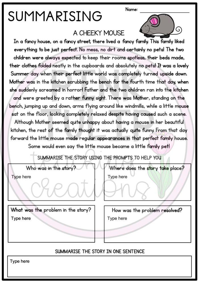 Third grade worksheet showing write a simple summary activity with keyword guide for community and culture topics