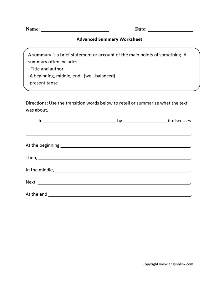 Third grade students learning to write simple summaries using keyword prompts and guided worksheet exercises