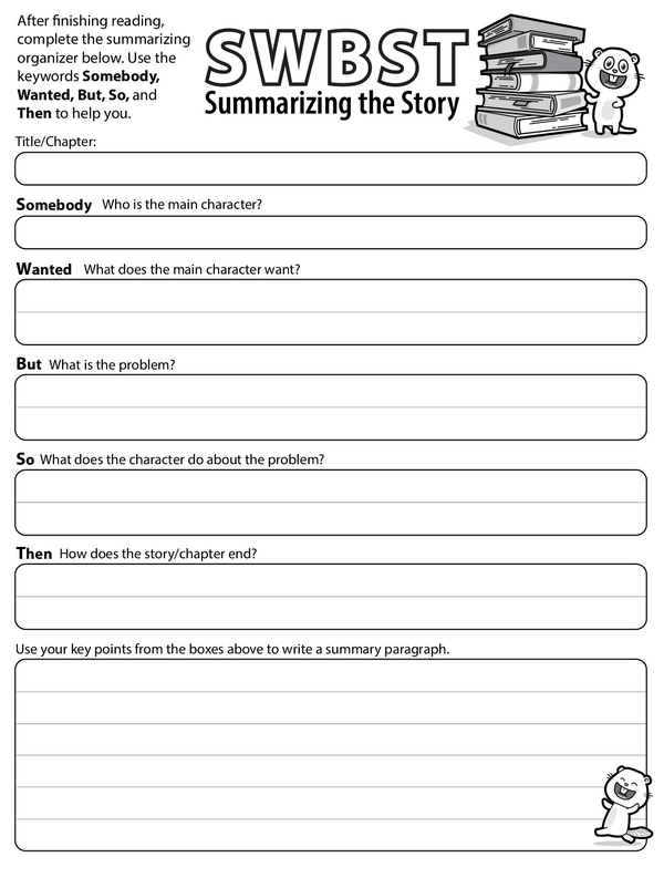 Third grade students learning to write summaries with keyword prompts on a worksheet activity