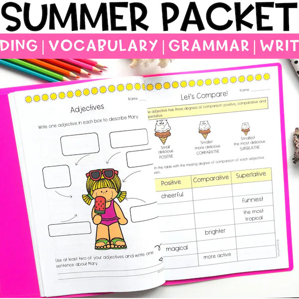 Summer grammar worksheet focusing on adjectives and nouns for third graders