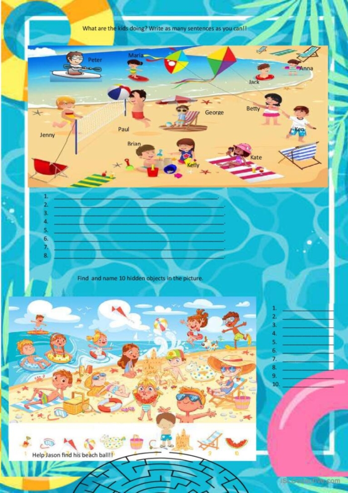 Third grade summer grammar worksheet focusing on adjectives and nouns with engaging activities
