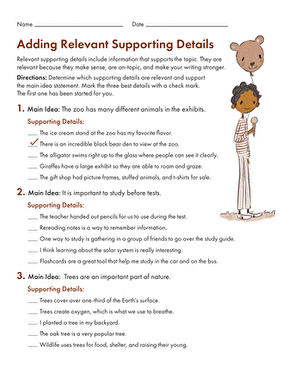 Worksheet for third graders focusing on adding relevant supporting details to main ideas