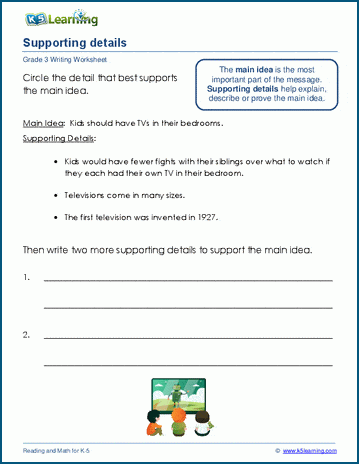Worksheet for third graders focusing on adding relevant supporting details to main ideas. Adding Relevant Supporting Details worksheet for vocabulary practice in third grade.