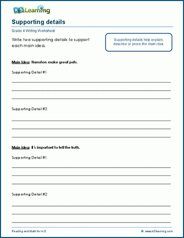 Students analyzing supporting details for main idea statements in a worksheet