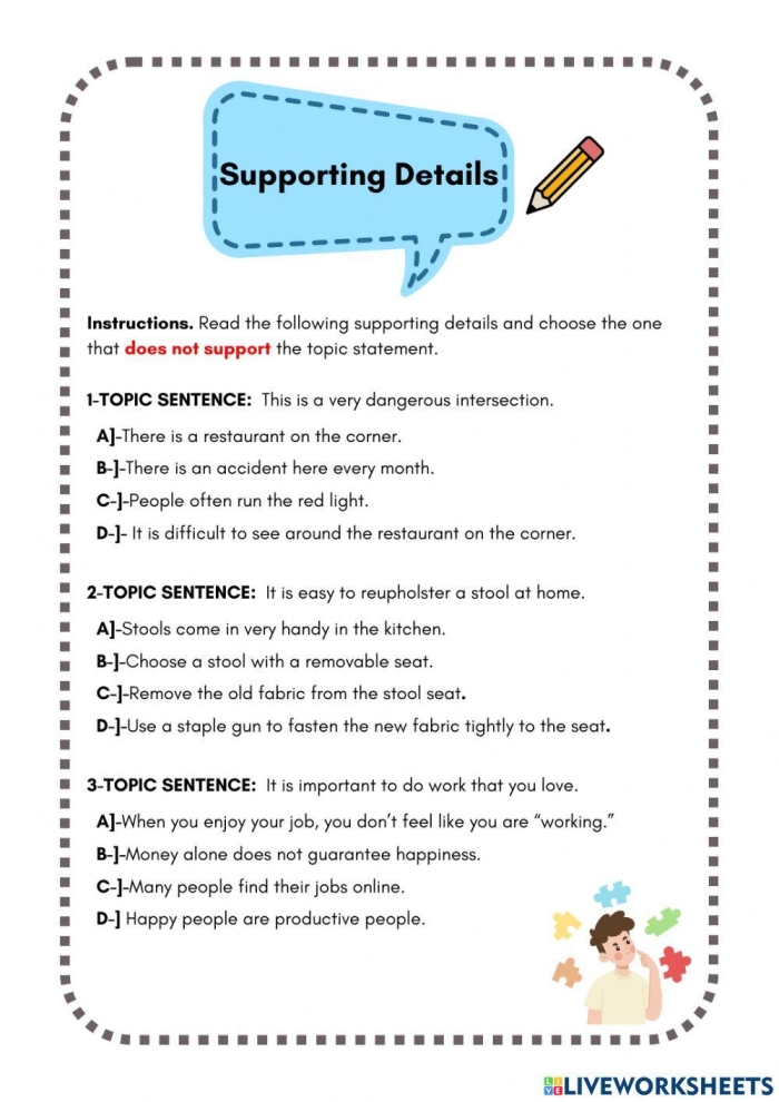 Worksheet for adding relevant supporting details in third grade vocabulary