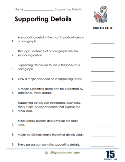 Worksheet featuring students identifying supporting details for main ideas
