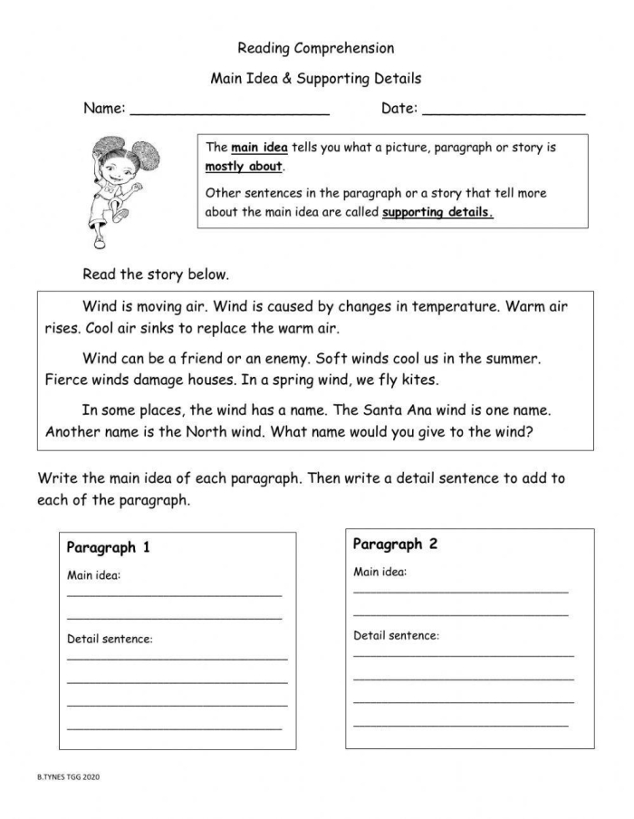 Worksheet illustrating students identifying supporting details for main ideas