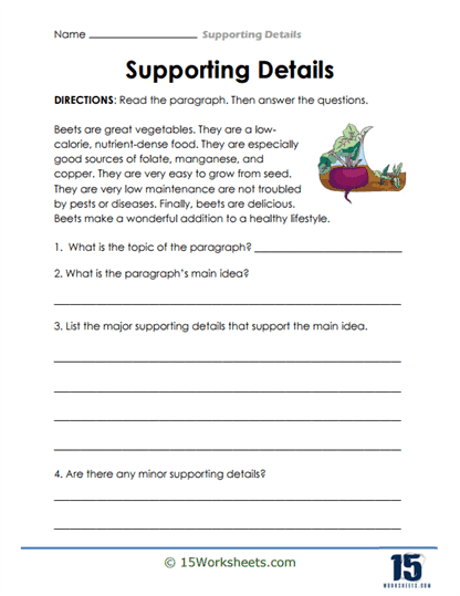 Worksheet for identifying supporting details based on main ideas for third graders
