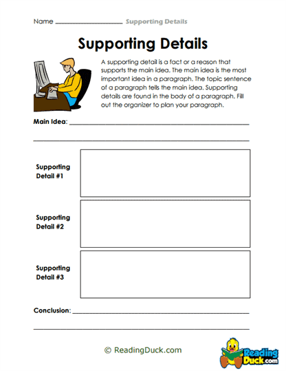 Worksheet for third graders focused on identifying supporting details for main ideas