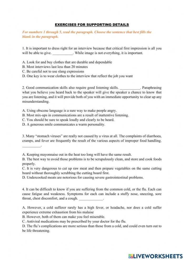 Worksheet for identifying supporting details related to main ideas for third graders
